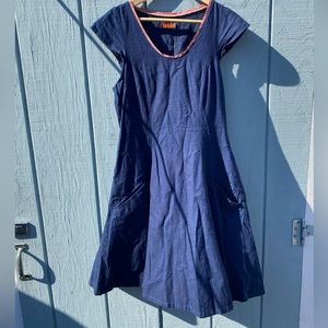 Dark blue A line linen dress with red detail; made by San Francisco designer